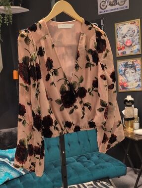 ASTR Blush Pink Velvet Rose Wrap Blouse